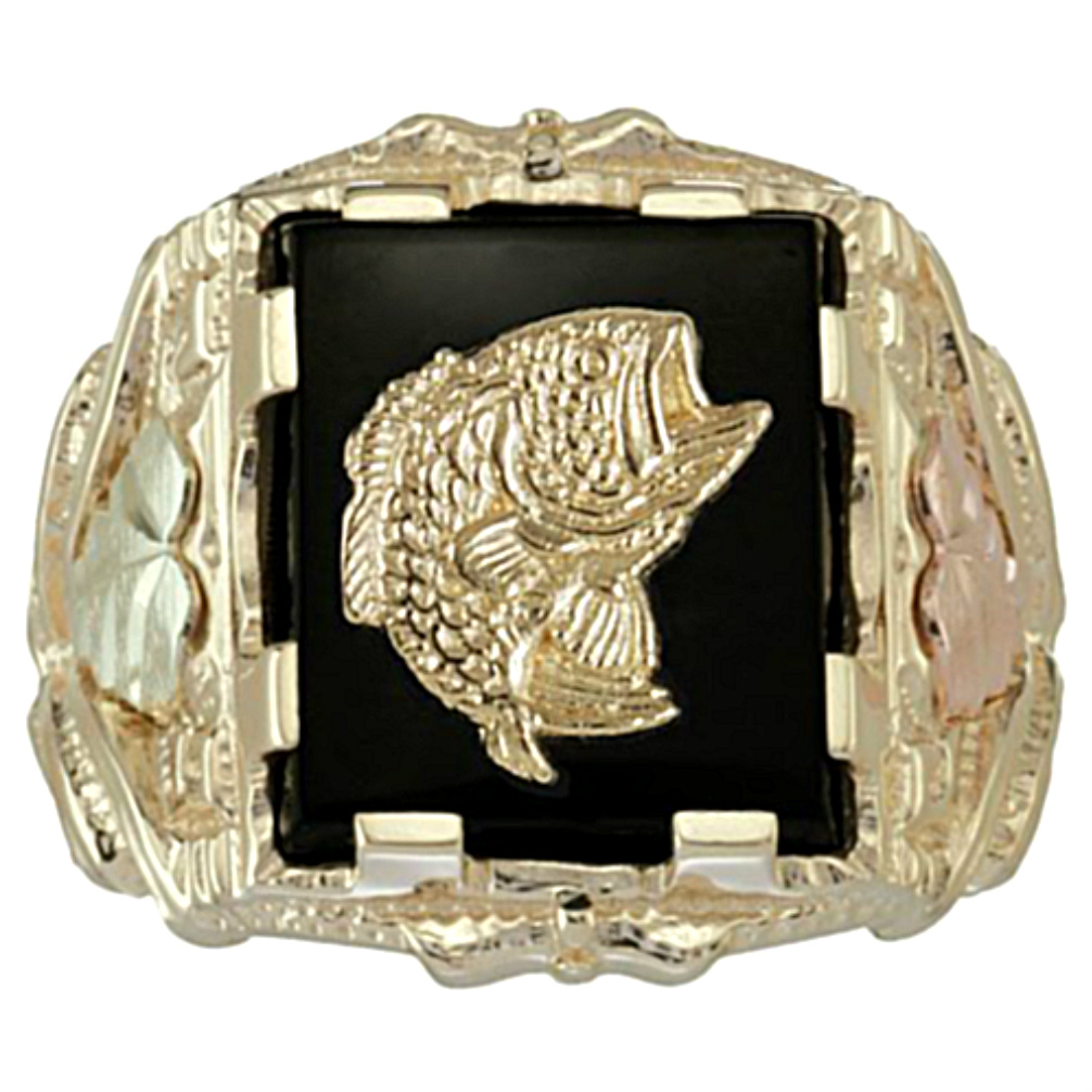 Men's Fish and Onyx Square Ring, 10k Yellow Gold, 12k Green and Rose Gold Black Hills Gold Motif