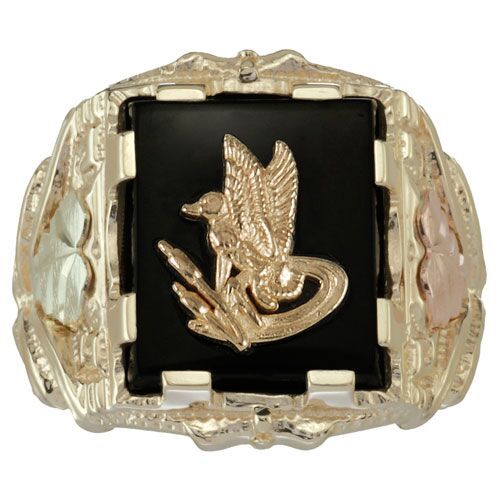 Men's Mallard Onyx Square Ring, 10k Yellow Gold, 12k Green and Rose Gold Black Hills Gold Motif