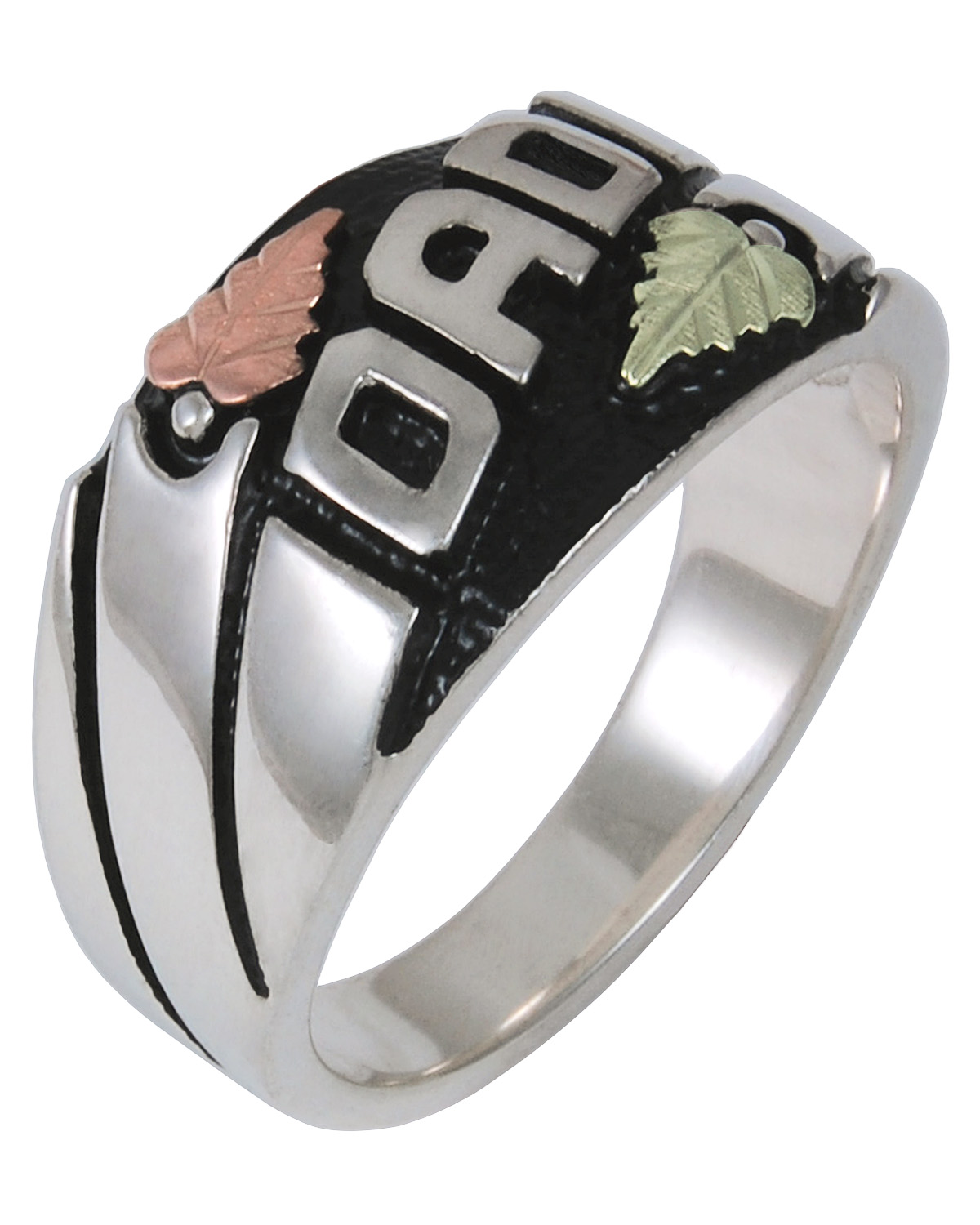 Oxidized 'Dad' Ring, Sterling Silver, 12k Green and Rose Gold Black Hills Gold Motif. 