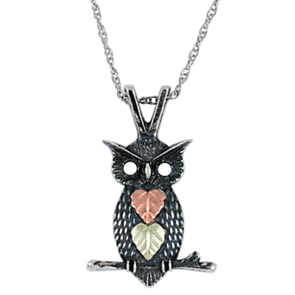 Antiqued Oxidized Owl Pendant Necklace, Sterling Silver, 12k Green and Rose Gold Black Hills Gold Motif