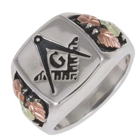 Free Mason's ring in rhodium-plate sterling silver with hand-sculpted 12k green gold and 12k rose gold grape leaves. The gold is mined in the Black Hills of South Dakota and hand-crafted in South Dakota.