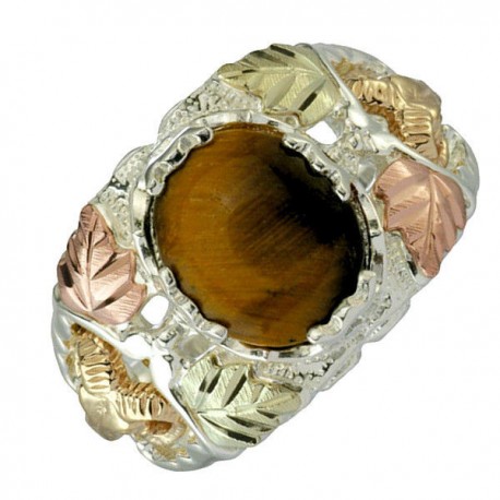 Tiger's Eye Ring, Sterling Silver, 12k Rose and Green Gold Black Hills Gold Motif