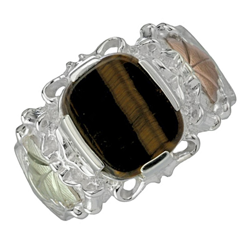 Men's Tiger's Eye Ring, Sterling Silver, 12k Rose Gold, 12k Green Gold Black Hils Gold Motif