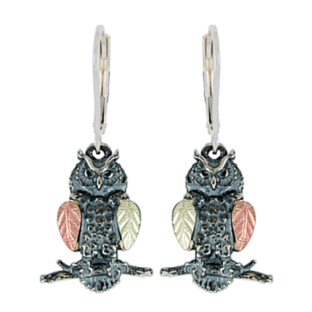 Owl Earrings, Sterling Silver, 12k Green and Rose Gold Black Hills Gold Motif