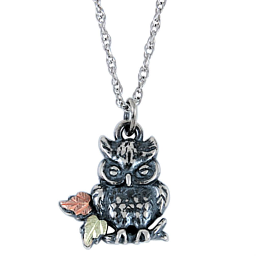 Oxidized Owl Pendant Necklace, Sterling Silver, 12k Green and Rose Gold Black Hills Gold Motif