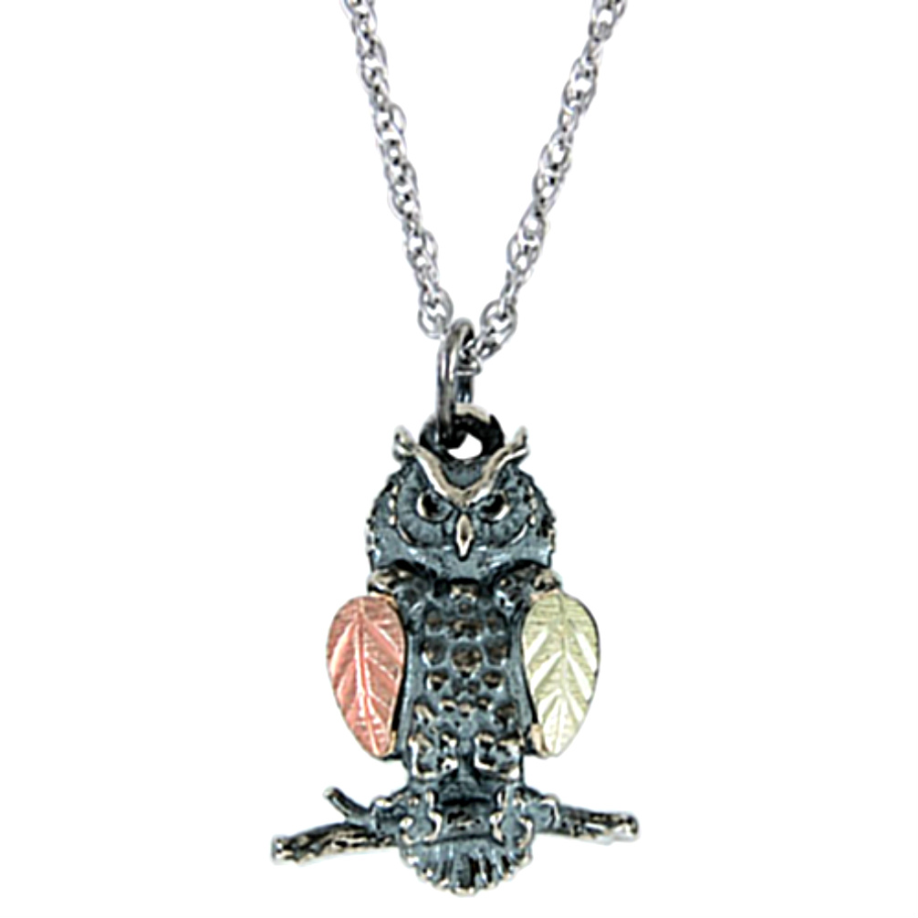 Oxidized Owl Pendant, Sterling Silver, 12k Green and Rose Gold Black Hills Gold Motif