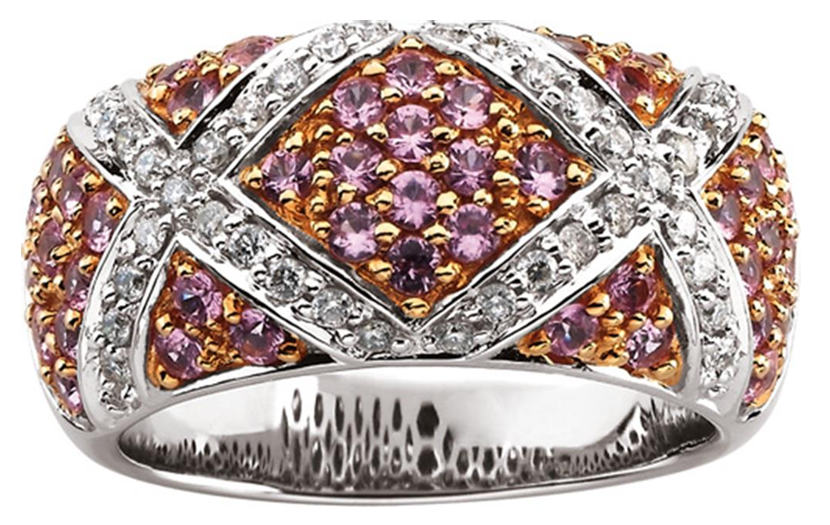 Gorgeous pink sapphire and diamond ring in 14k white gold with 14k rose gold plating pops the pink sapphires.