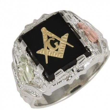 Men's Onyx Square Masonic Ring, Sterling Silver, 12k Green and Rose Gold Black Hills Gold Motif 