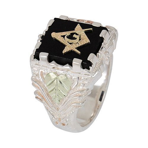 Men's Onyx Square Masonic Ring, Sterling Silver, 12k Green and Rose Gold Black Hills Gold Motif 