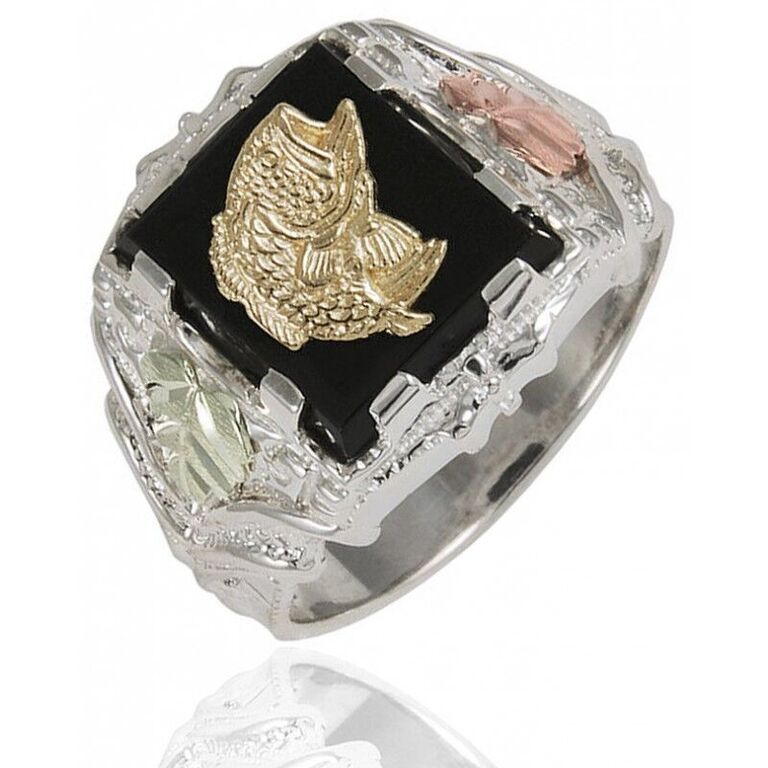 Men's Fish and Onyx Square Ring, Sterling Silver, 12k Green and Rose Gold Black Hills Gold Motif