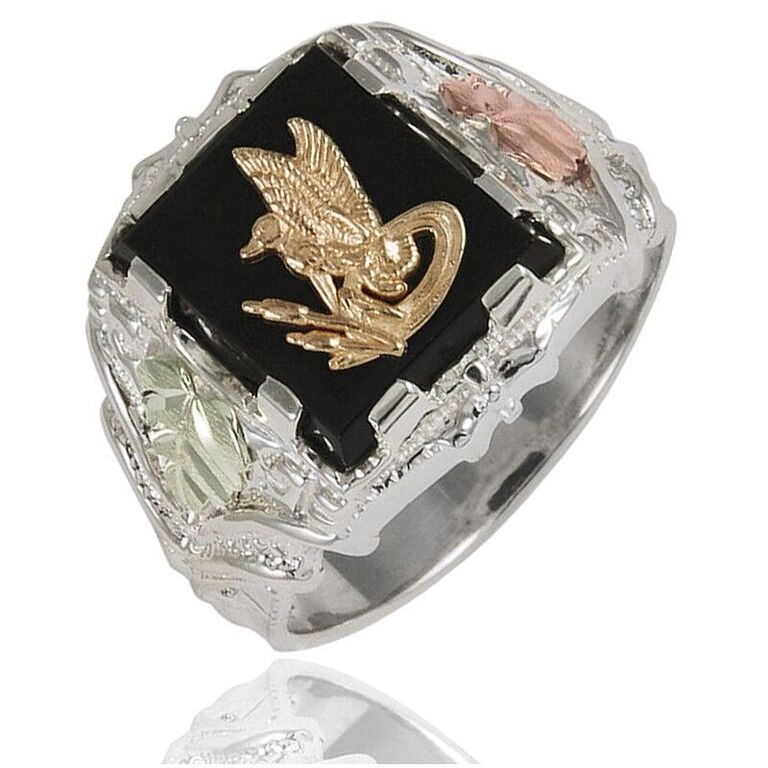 Men's Mallard Onyx Square Ring,  Sterling Silver, 12k Green and Rose Gold Black Hills Gold Motif