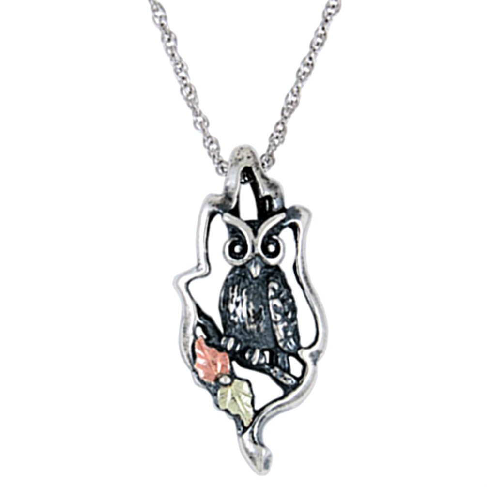 Owl Oxidized Pendant Necklace, Sterling Silver, 12k Green and Rose Gold Black Hills Gold Motif