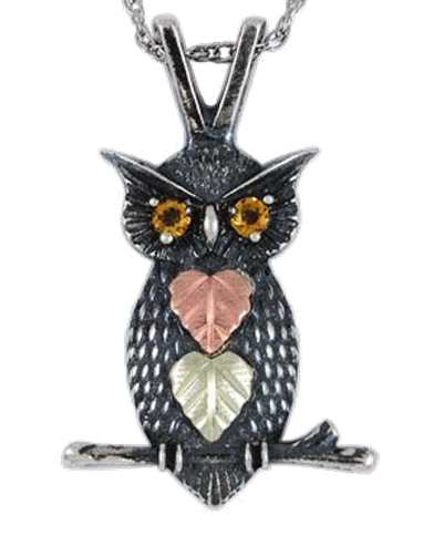 Antiqued Oxidized Citrine Owl Pendant Necklace, Sterling Silver, 12k Green and Rose Gold Black Hills Gold Motif