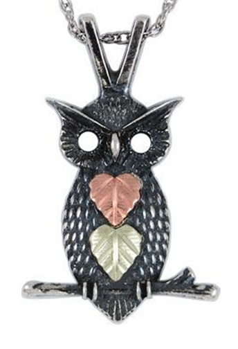 Antiqued Oxidized Owl Pendant Necklace, Sterling Silver, 12k Green and Rose Gold Black Hills Gold Motif