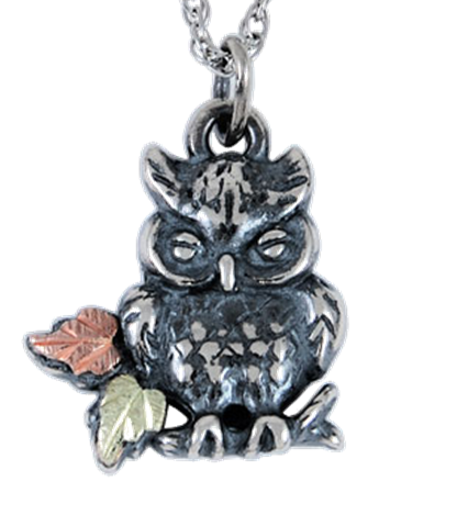 Oxidized Owl Pendant Necklace, Sterling Silver, 12k Green and Rose Gold Black Hills Gold Motif