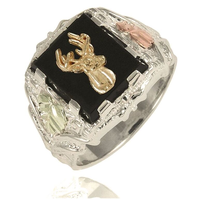 Men's Deer and Onyx Square Ring, Sterling Silver, 12k Green and Rose Gold Black Hills Gold Motif