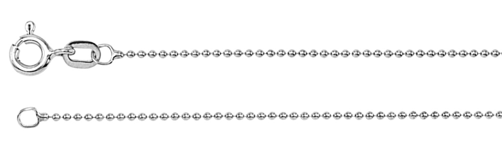 1mm 14k White Gold Solid Bead Chain with Spring Ring Clasp. 