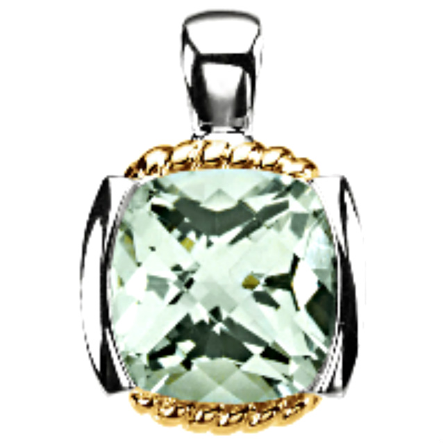 Checkerboard Green Quartz 14k Yellow Gold Sterling Silver Pendant. 