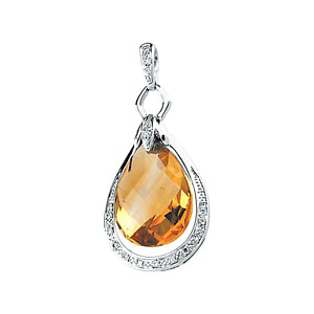 Citrine Briolette and Pave Diamond Pendant in 14k White Gold. 