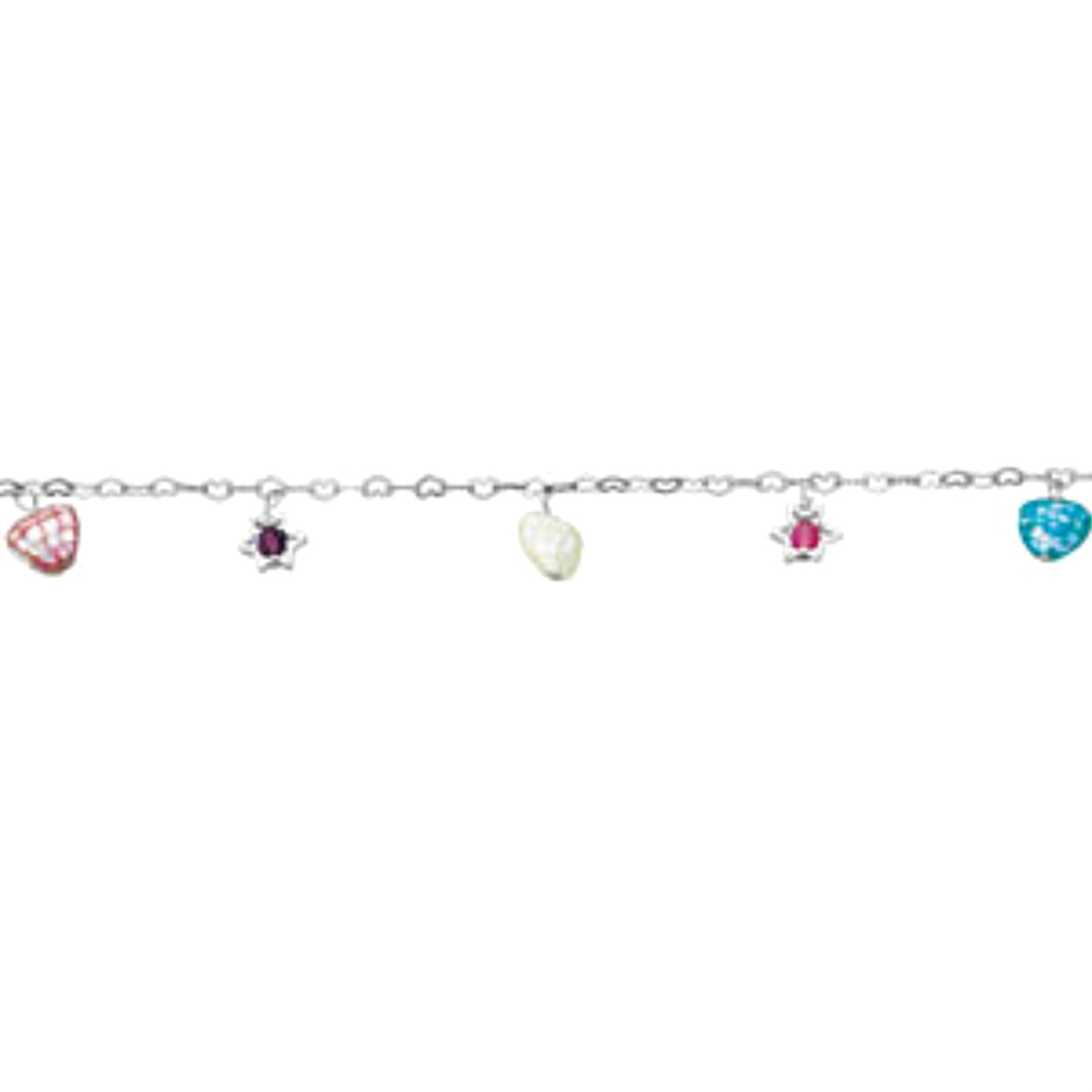 Heart & Multicolor Star in Mother of pearl and Crystal Sterling Silver Bracelet, 7"