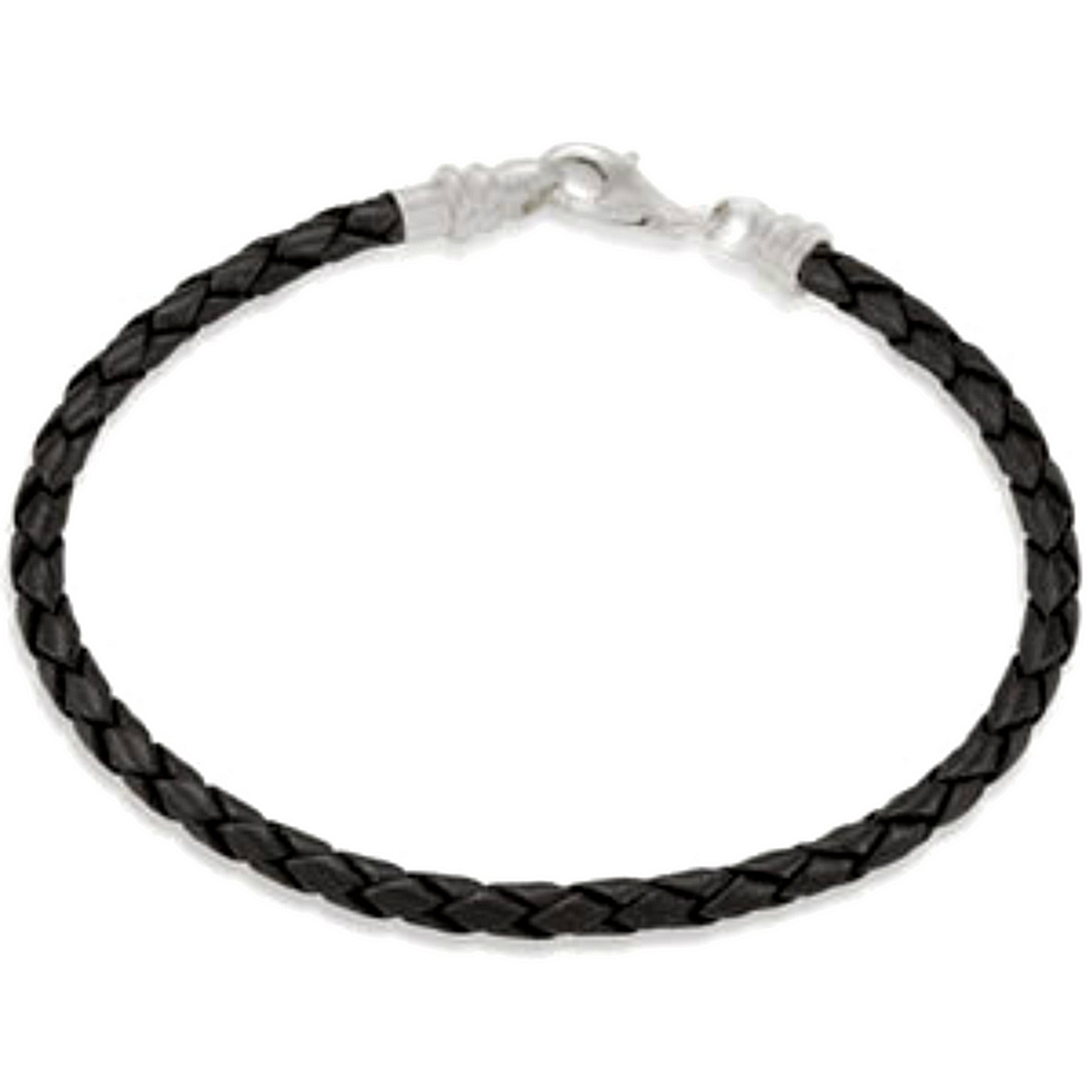 Black Leather Braided Bracelet, Sterling Silver, 7.5'