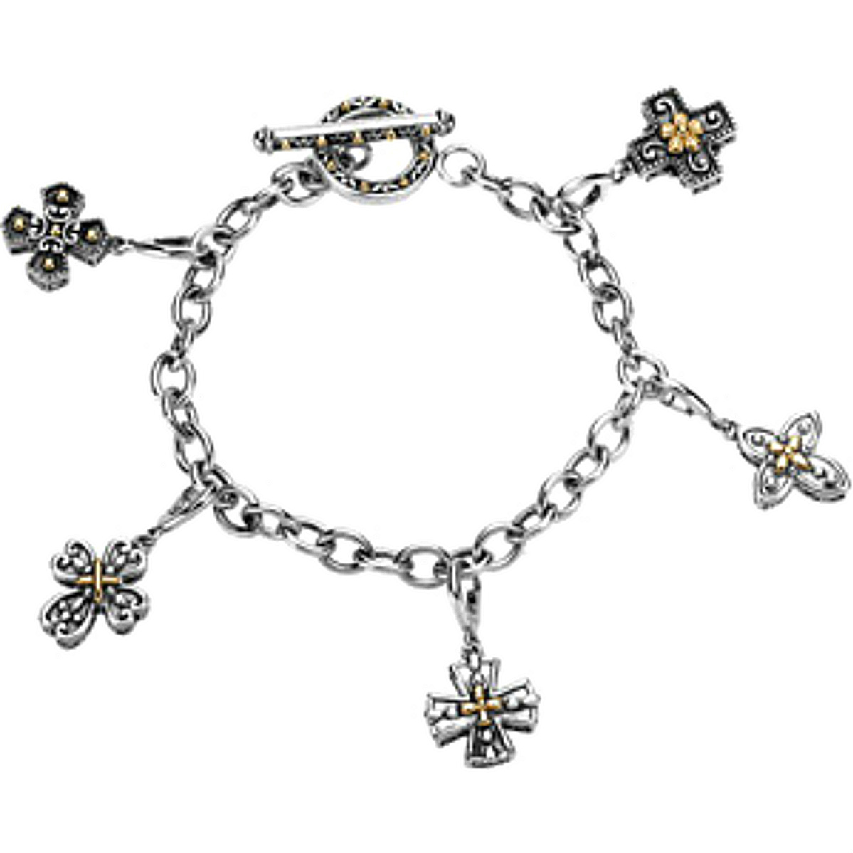 Cross Charm Bracelet, 14k Yellow Gold and Sterling Silver, 7.25'