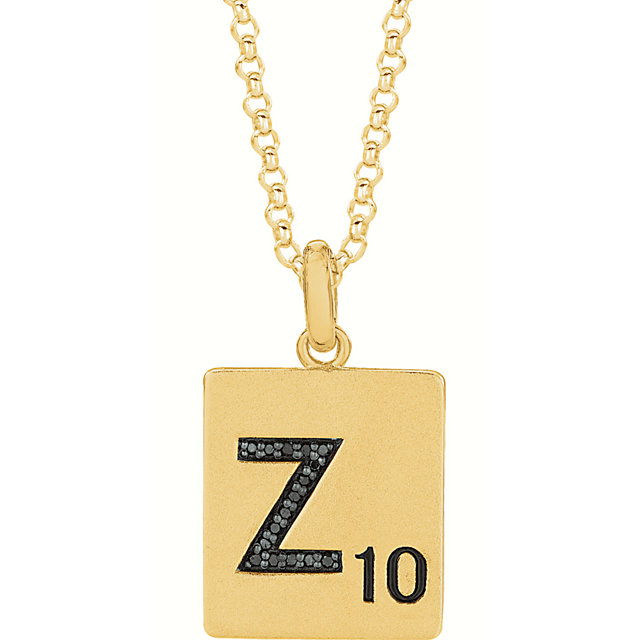 Black Diamond Initial Z Scrabble Necklace in Yellow Gold Plate Sterling Silver, 16 - 18"