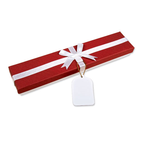 Red and white bracelet layout box with white bow and sigature card.