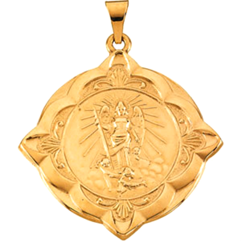 14k Yellow Gold Diamond-Shape St. Raphael Medal.