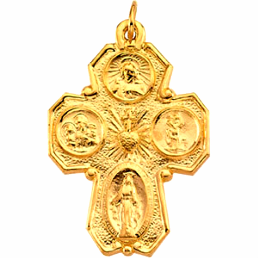 14k yellow gold four-way cross medal; smooth back to engrave a special message.