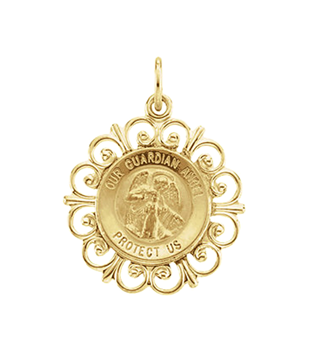 14ky Round Guardian Angel Pendant Medal 18 MM.