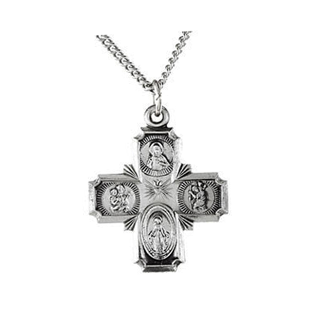 Sterling Silver Four-Way Cross Medal Necklace, 18" (19x17.75 MM).