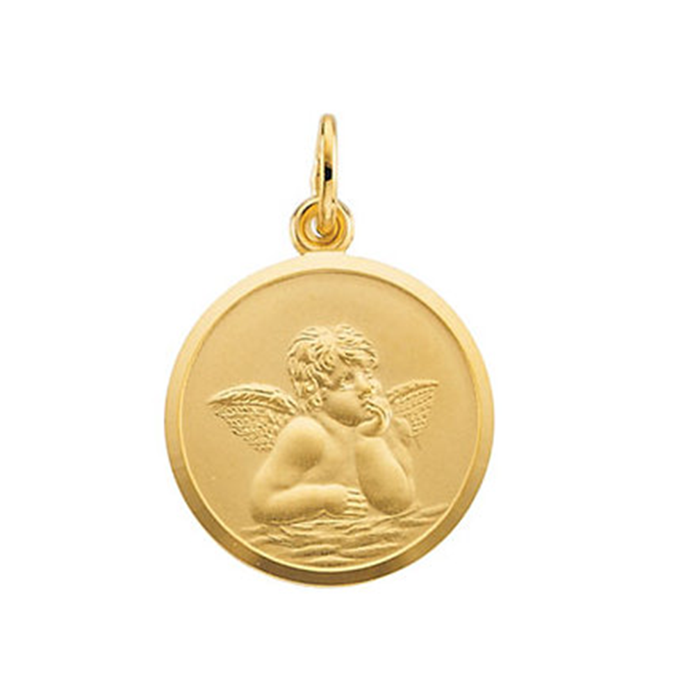 14k Yellow Gold Angel Medal with Beveled Edge Frame.