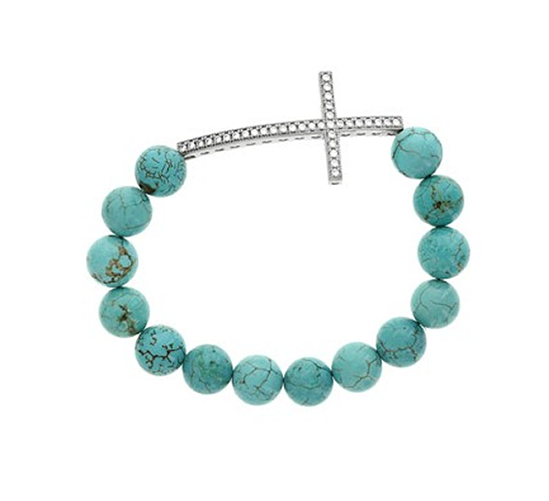 Beautiful Kingman turquoise beads feature a sterling silver cz sideways cross.