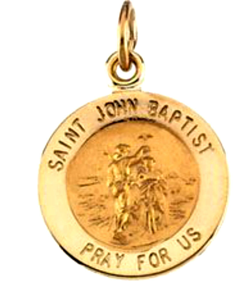 St. John the Baptist Pray for Us 14k Yellow Gold Antiqued Medal.