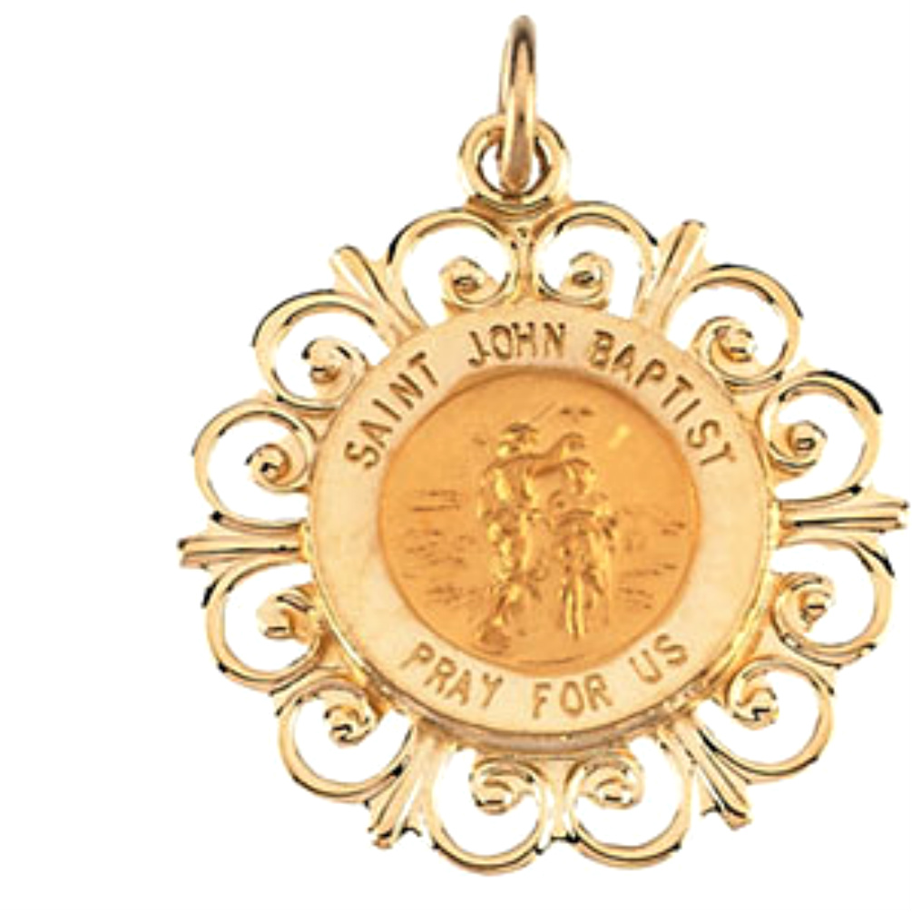 St. John the Baptist Filigree Frame Medal in 14k Yellow Gold.