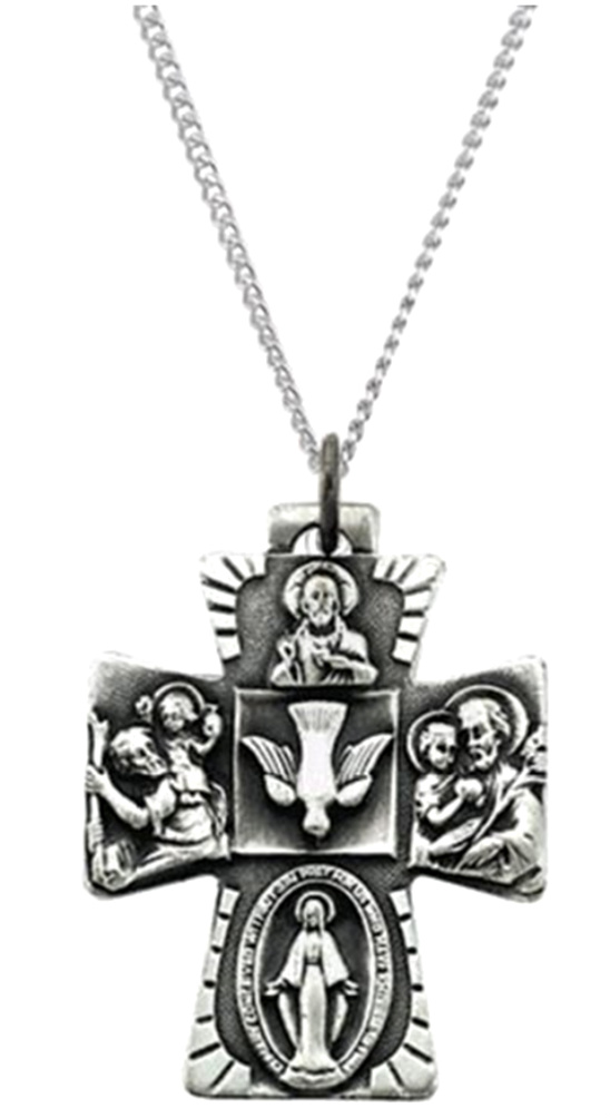 Sterling silver four-way cross medal necklace with Call a Priest I am a Catholic on back of cross.