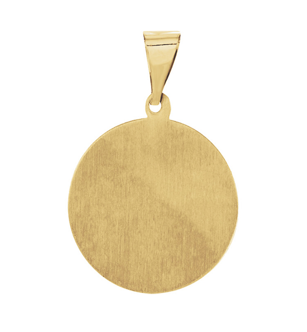 yellow gold medal with soft v bail back view.