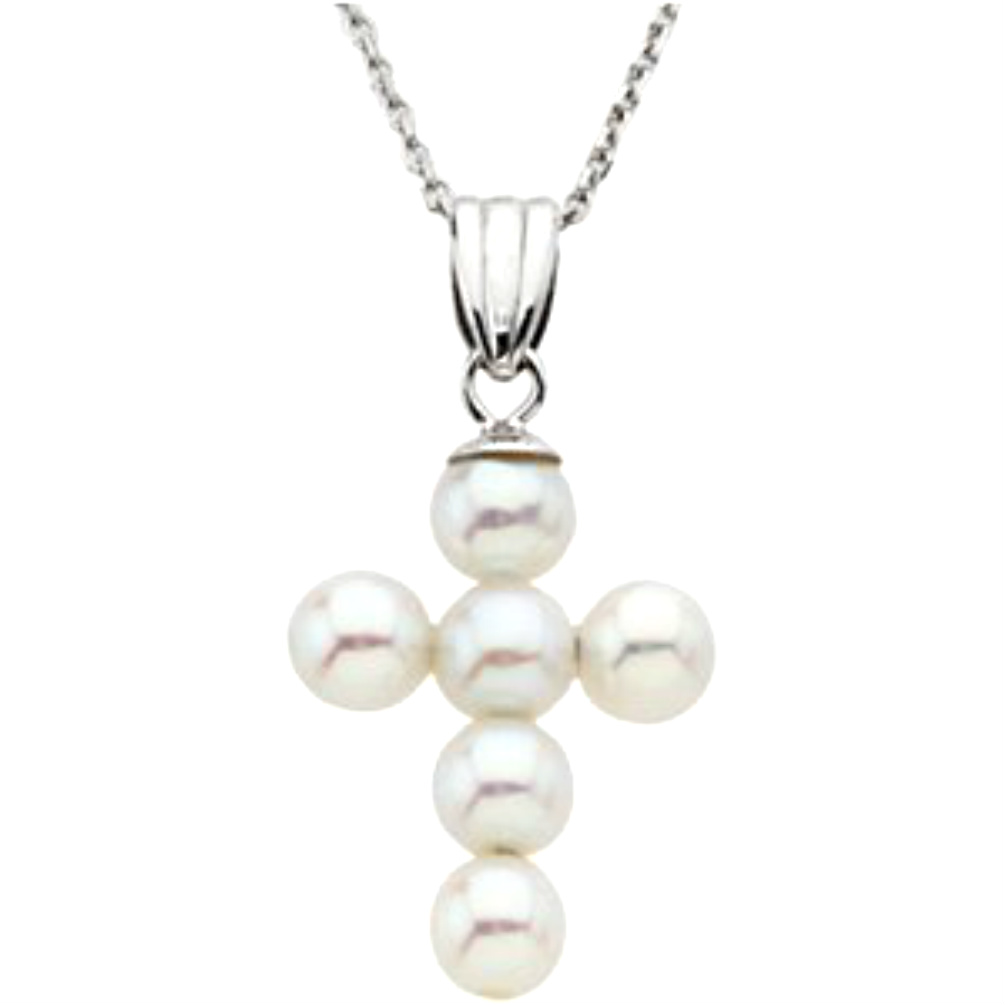 Freshwater Cultured Pearl Cross 14k White Gold Necklace, 16"