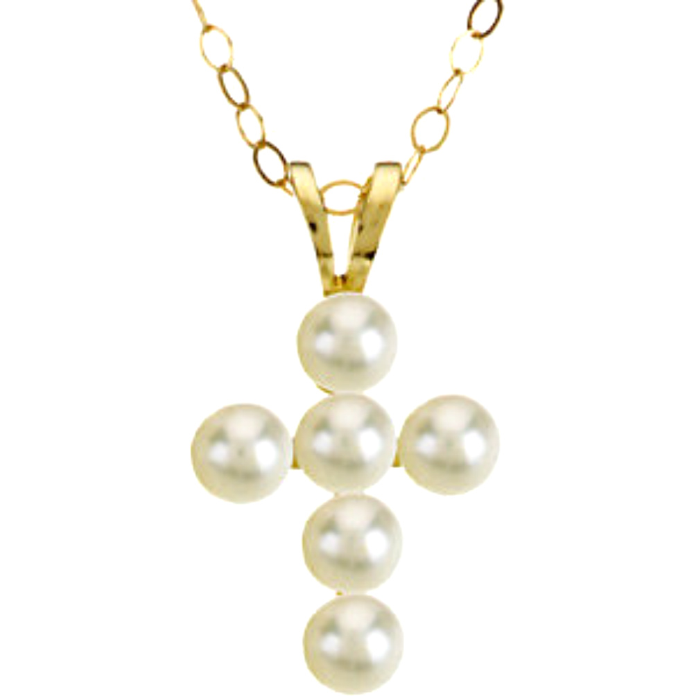 Childrens Freshwater Cultured Akoya Pearl Cross 14k Yellow Gold Necklace (3.0mm), 15"