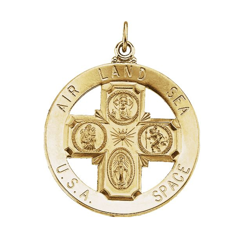 14k Yellow Gold St. Four-Way Air, Land, Sea, Space, USA Medal (32.5 MM)