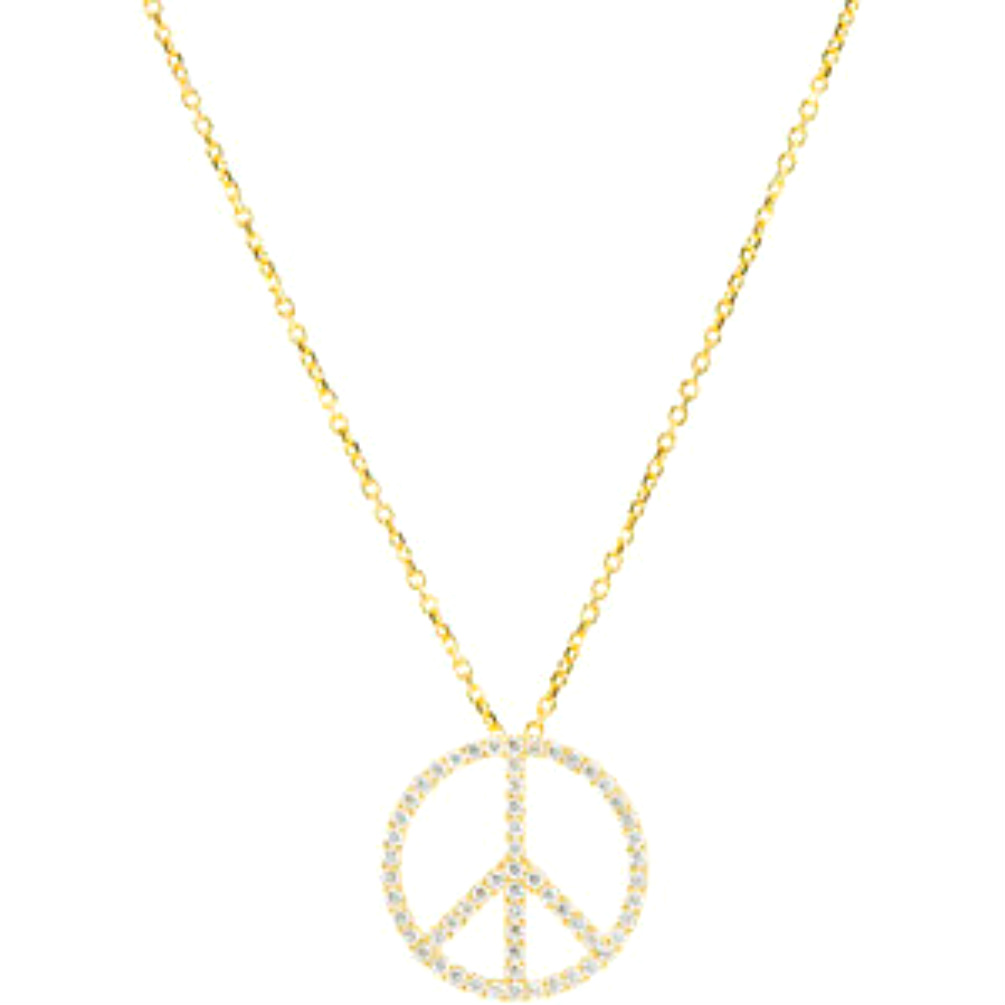 Petite Diamond Peace Sign 14k Yellow Gold Necklace, 16"