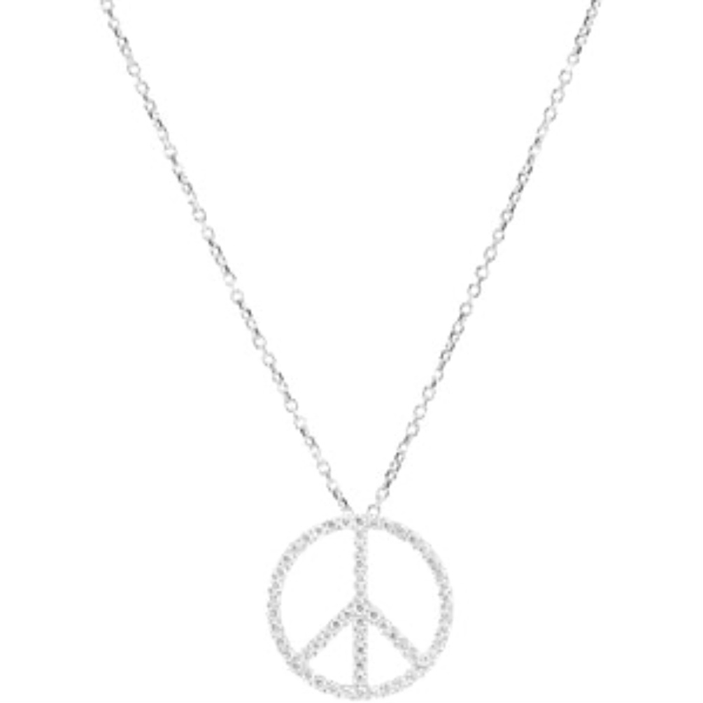 Diamond Peace Sign Platinum Necklace, 16"