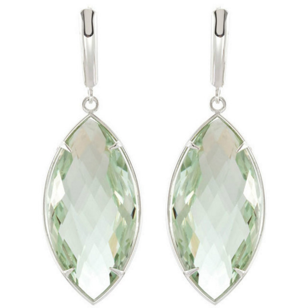 Marquise green quartz double-checkboard lever back earrings.