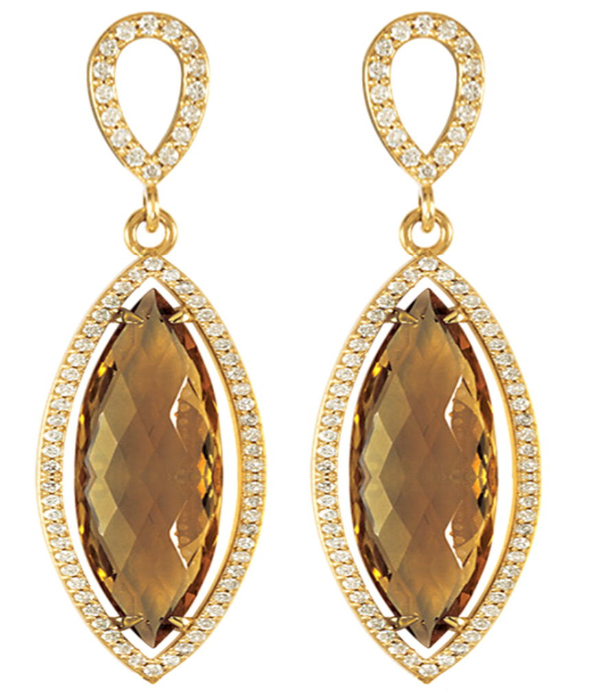 Smoky Quartz Marquise Double Checkerboard Diamond Halo Earrings