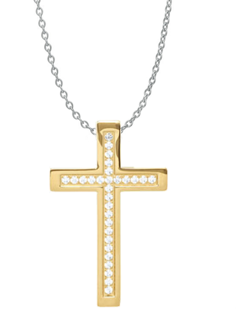 23k Yellow Gold Plate Stainless Steel CZ Cross Necklace, 18"