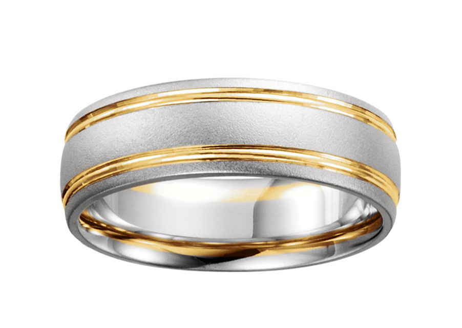 Hypoallergenic 14k white and yellow gold grooved band.