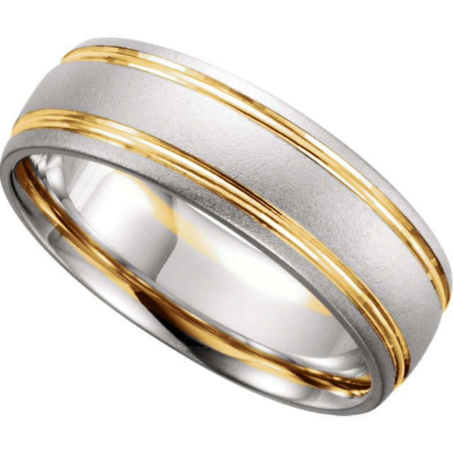 14k White and Yellow Gold 7mm Grooved Band is rhodium plated, making it hypoallergenic.