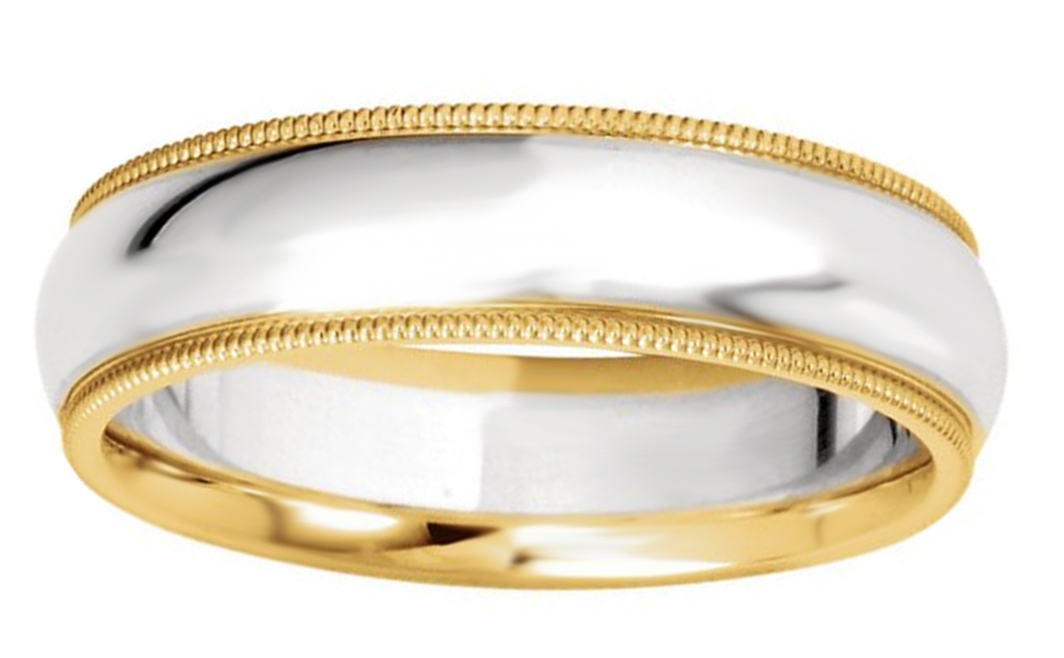 2-tone comfort-fit sterling silver and 14k yellow gold domed ring with milgrain edging.