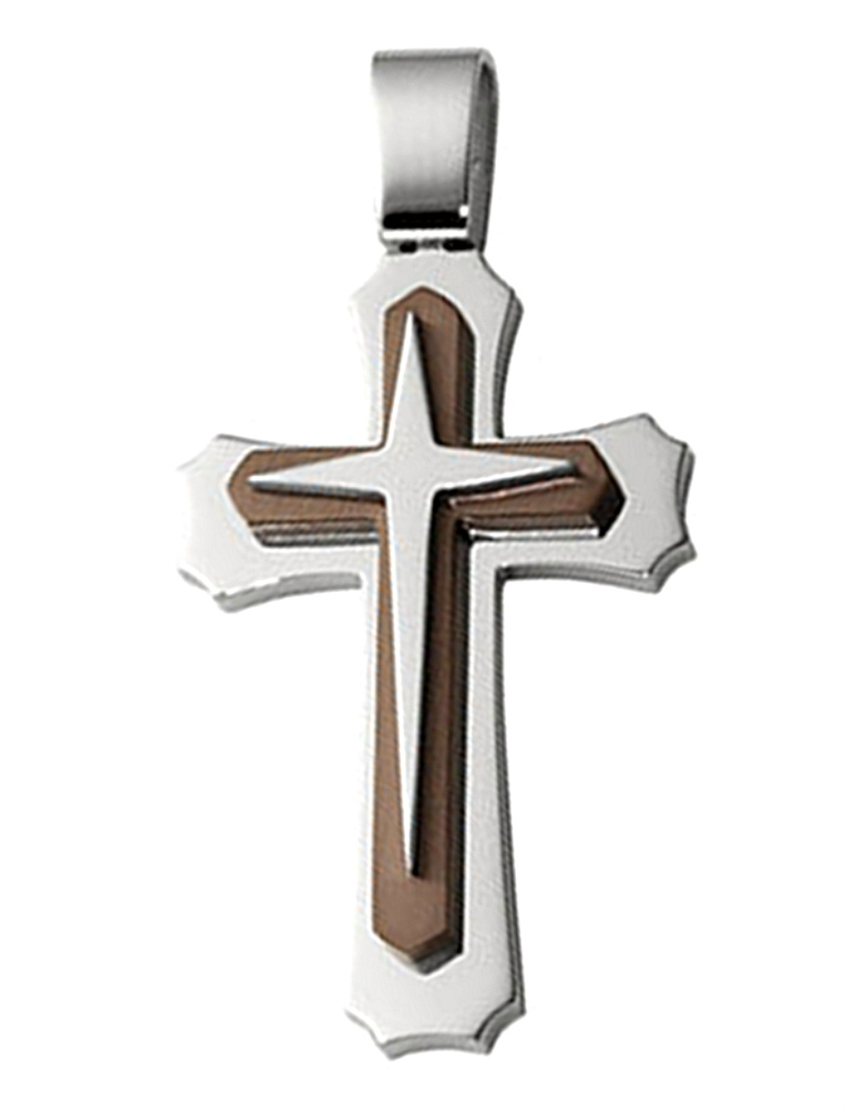 Men's Large Stainless Steel and Chocolate Triple Layer Cross Pendant